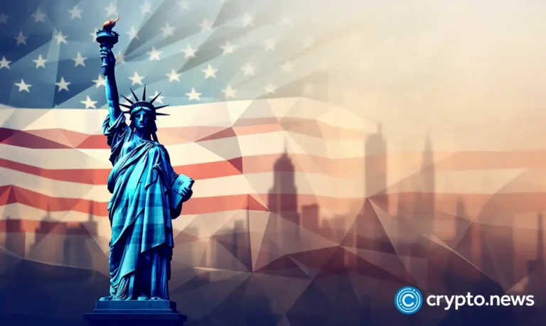 crypto news USA flag New York blurry blockchain background low poly style04