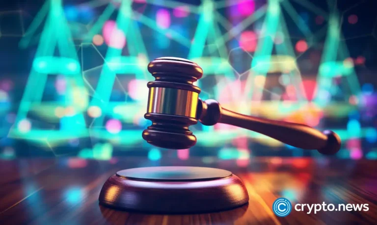 crypto news the judges gavel on the table blurry blockchain pyramid background neon colors low poly style04