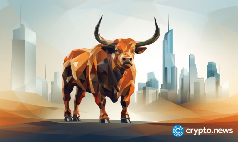 crypto news bull front side view modern city background low poly styl v5.2