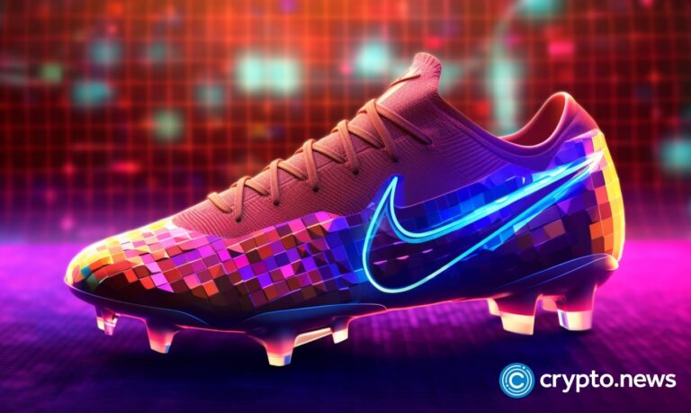 crypto news nike football boots front side view blurry blockchain background hologram low poly styl